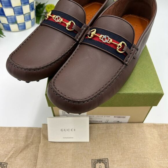 Men’s Gucci Aryton web striped leather driver loafers size 13 fits 13.5 US - Picture 9 of 11
